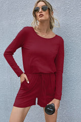 Drawstring Waist Long Sleeve Romper - Flyclothing LLC