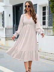 Swiss Dot V-Neck Smocked Lantern Sleeve Ruffle Hem Dress - Flyclothing LLC