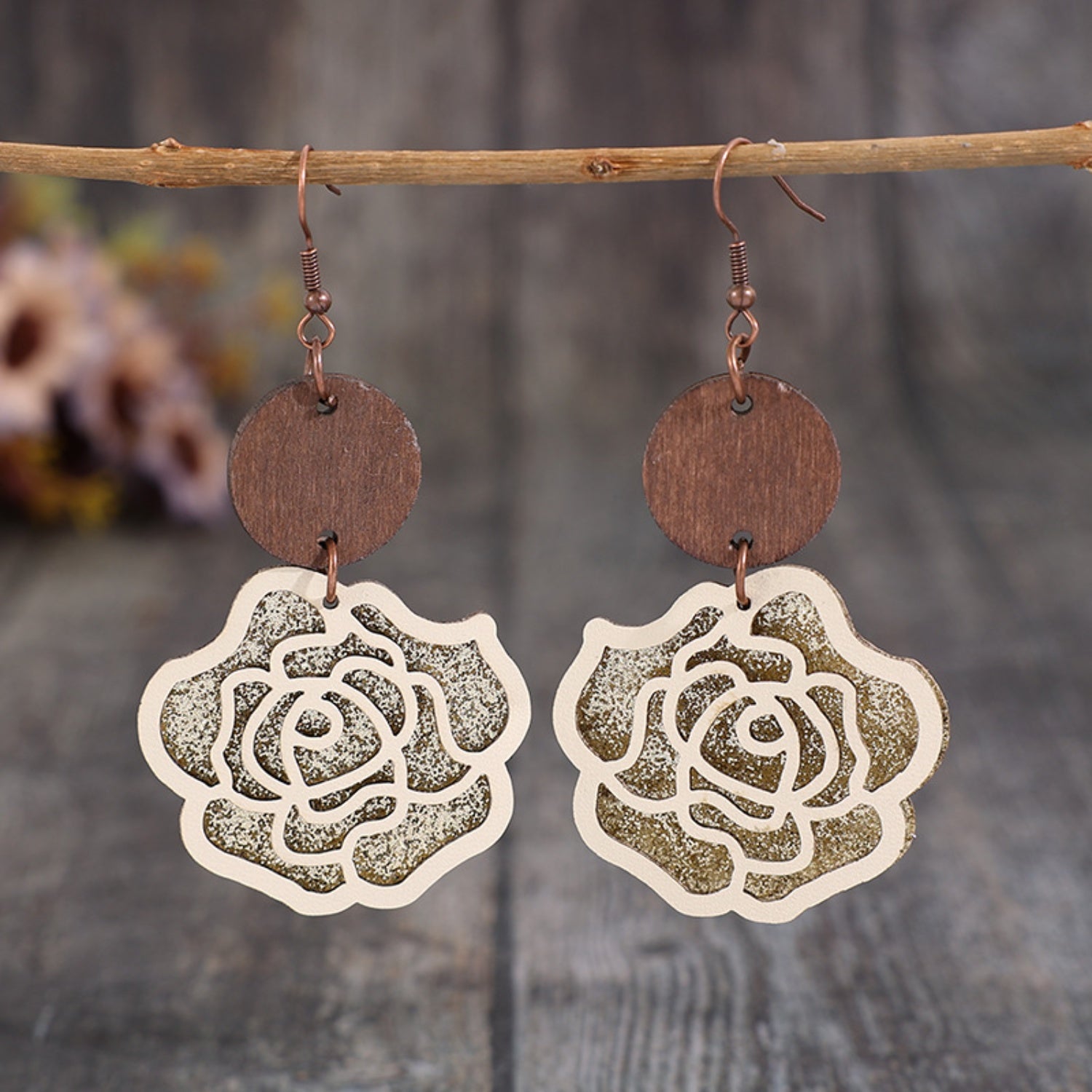 Wooden Alloy Rose Shape Dangle Earrings - Flyclothing LLC