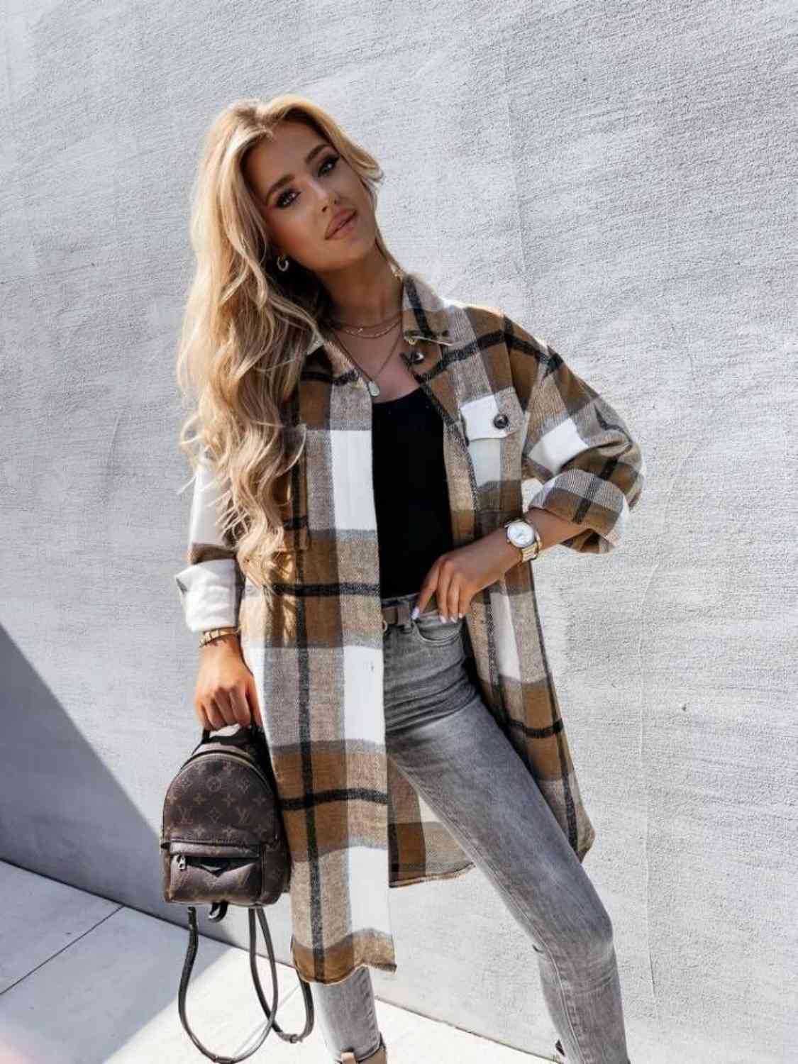 Plaid Collared Neck Longline Shirt - Flyclothing LLC