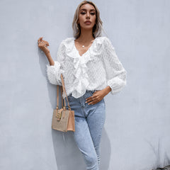 Ruffle Hem Fringe V-Neck Balloon Sleeve Blouse - Flyclothing LLC