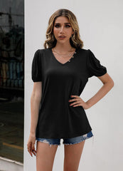 V-Neck Decorative Buttons Puff Sleeve Tee - Flyclothing LLC