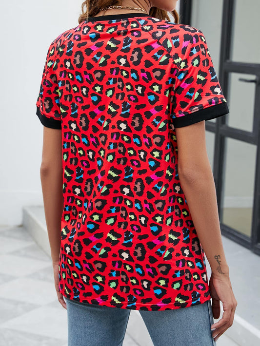 Leopard Round Neck Short Sleeve Tee Shirt - Trendsi