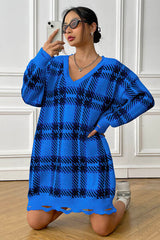 Plaid V-Neck Long Sleeve Sweater Dress - Flyclothing LLC