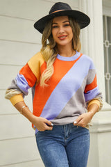 Color Block Round Neck Long Sleeve Sweater - Trendsi