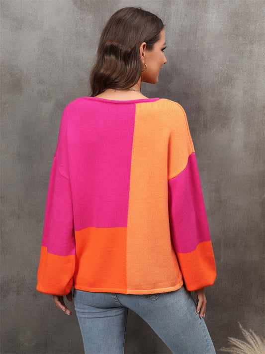 Color Block Round Neck Dropped Shoulder Sweater - Trendsi