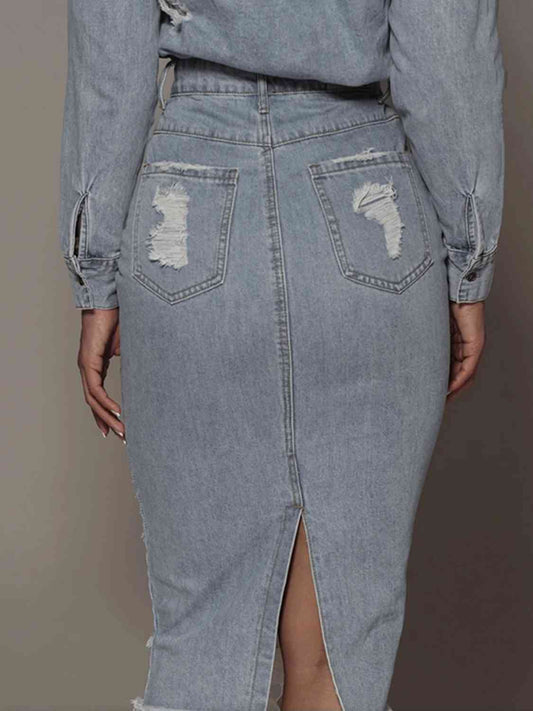 Distressed Slit Denim Skirt - Flyclothing LLC