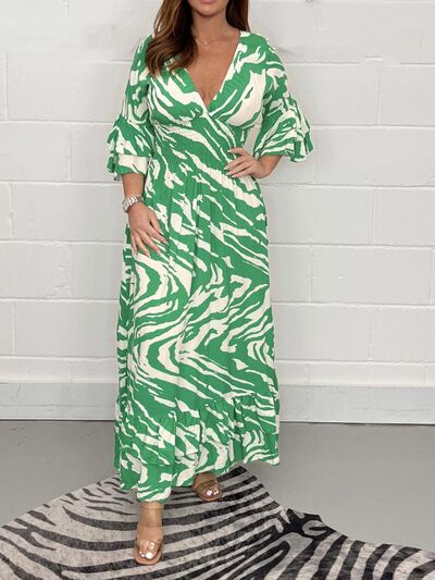 Smocked Printed Flounce Sleeve Maxi Dress - Flyclothing LLC