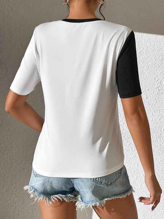 Contrast Color Round Neck Short Sleeve Tee - Flyclothing LLC