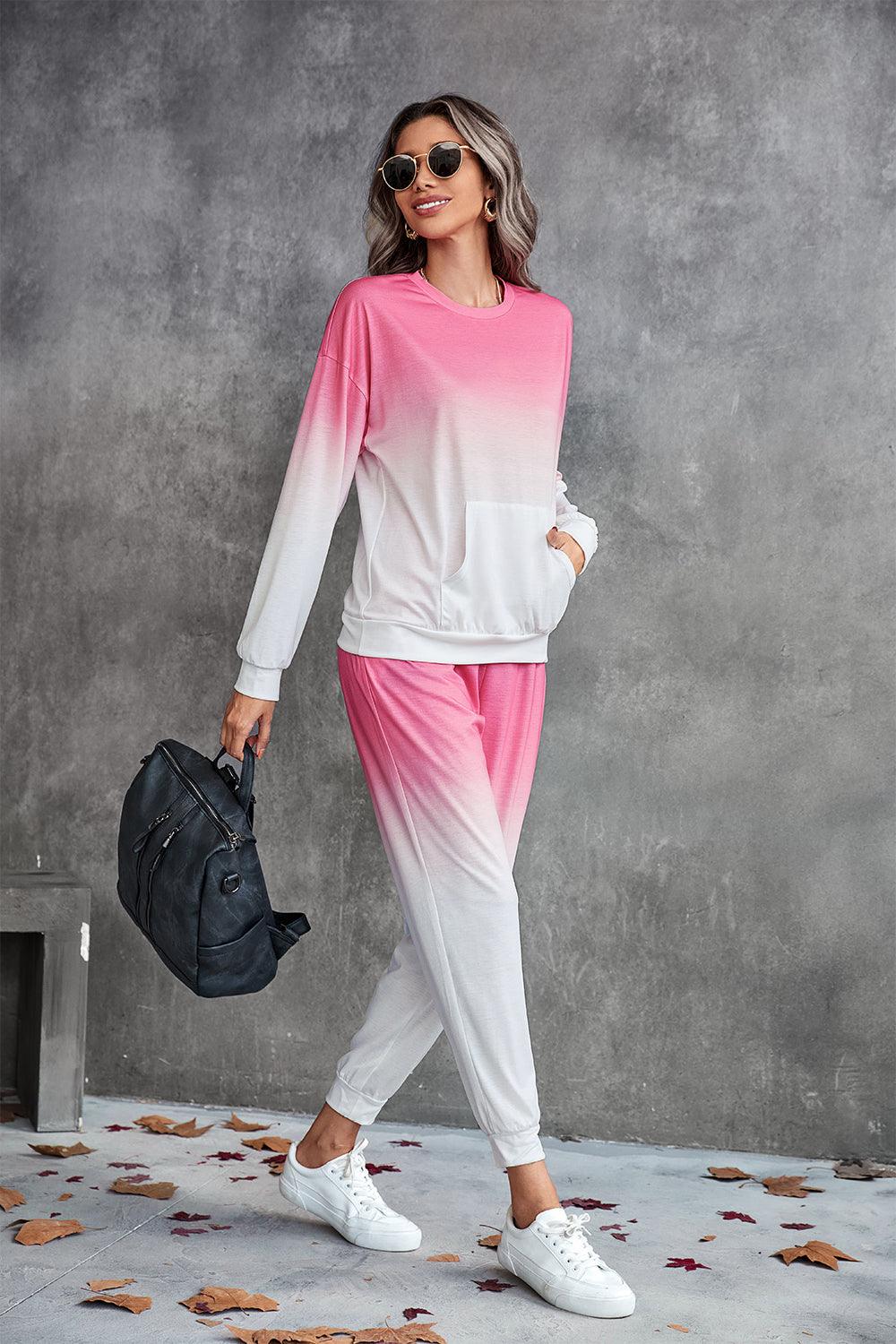 Gradient Round Neck Sweatshirt and Joggers Set - Flyclothing LLC