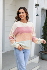 Waffle-Knit Round Neck Dropped Shoulder Color Block Sweater - Flyclothing LLC