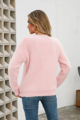 Dropped Shoulder Round Neck Fuzzy Sweater - Flyclothing LLC