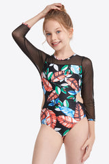 Girls Printed Round Neck Cutout One-Piece Swimsuit