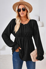 Ruched Round Neck Flounce Sleeve Blouse - Flyclothing LLC