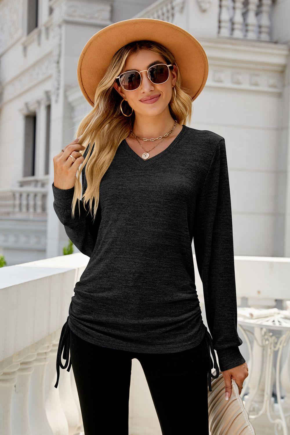 Heathered Drawstring V-Neck Top - Trendsi