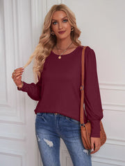 Round Neck Lantern Sleeve Blouse - Flyclothing LLC