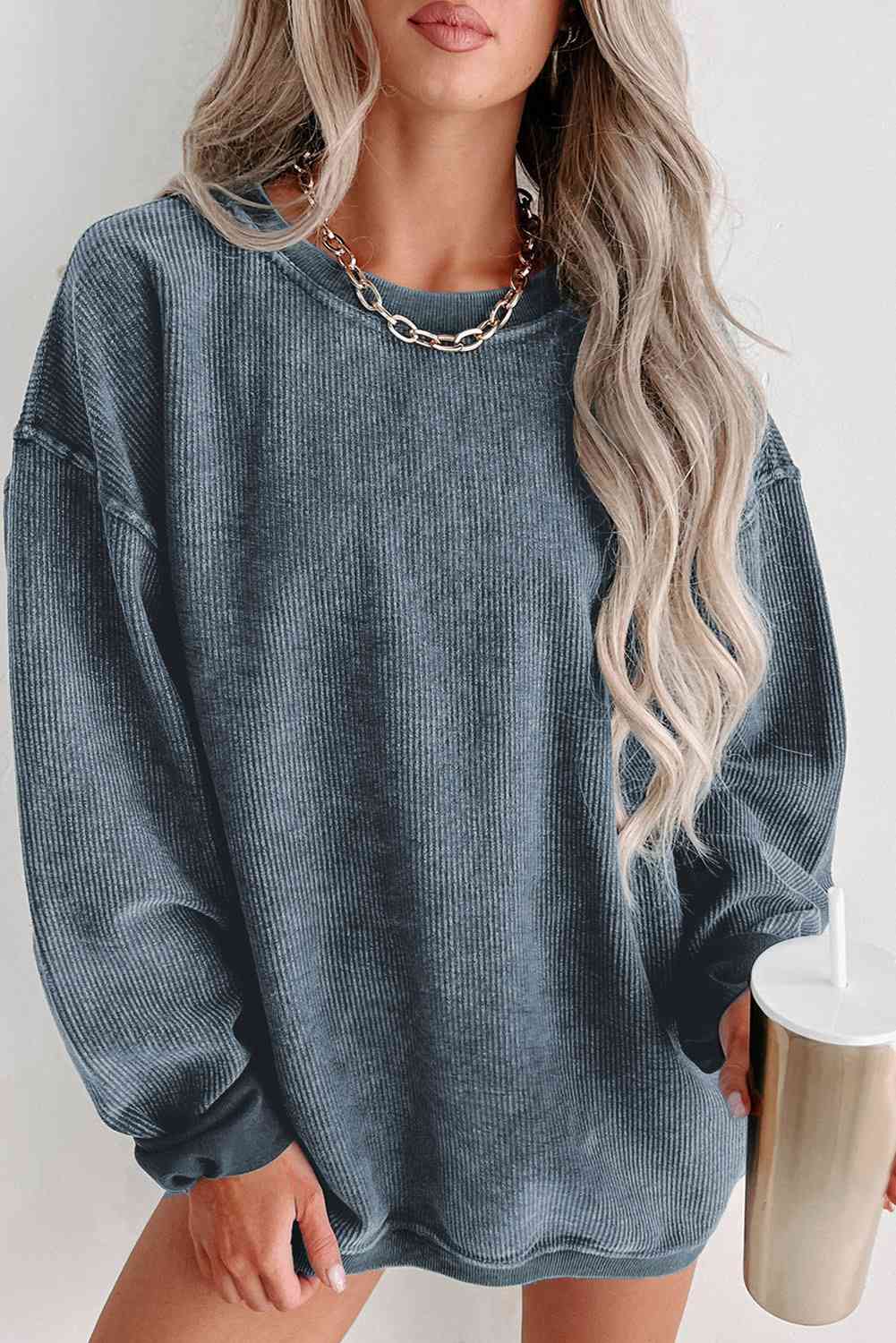 Round Neck Dropped Shoulder Sweatshirt - Flyclothing LLC