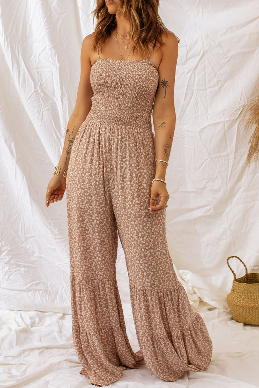 Floral Spaghetti Strap Smocked Wide Leg Jumpsuit - Flyclothing LLC