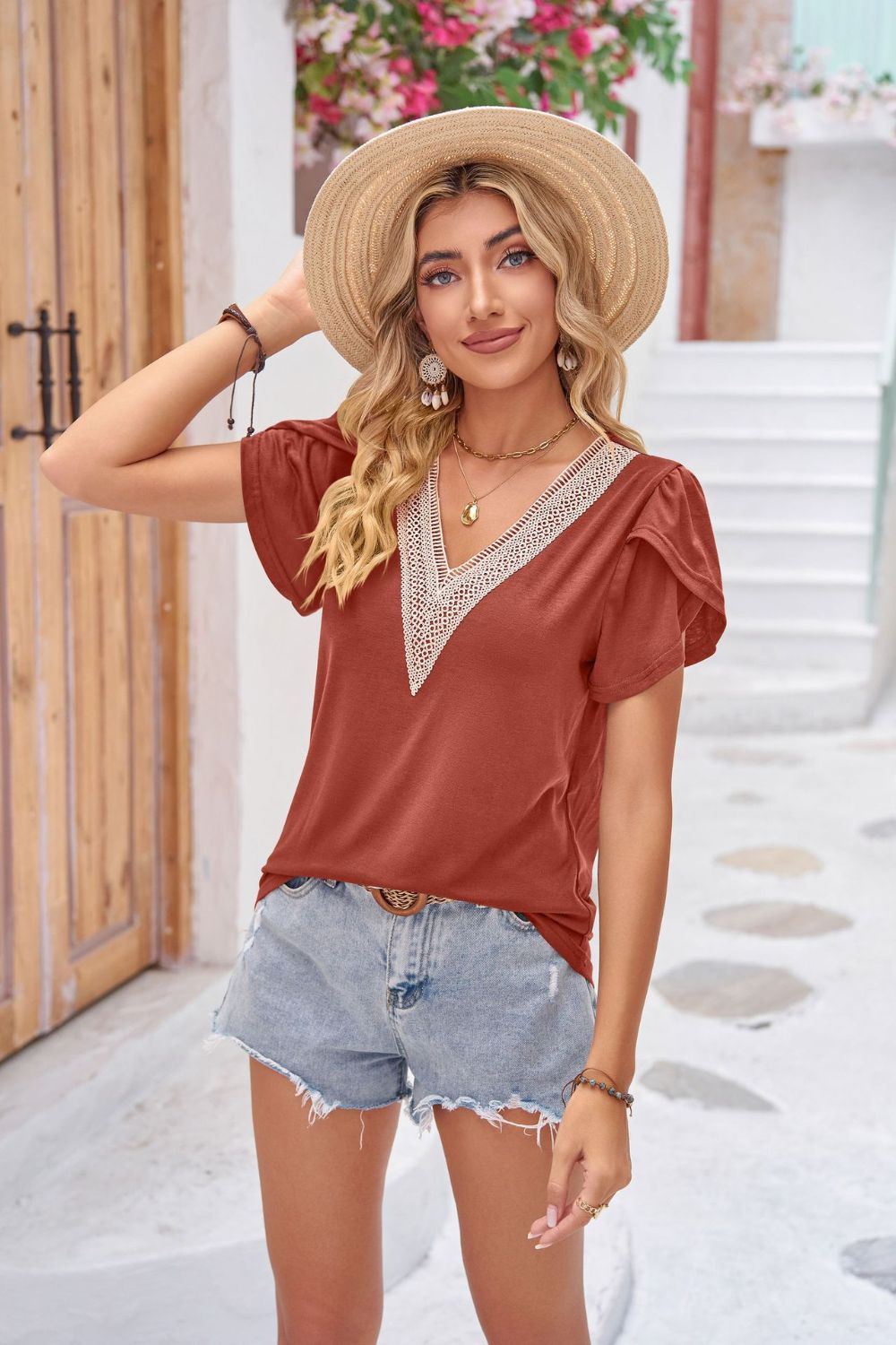 Contrast V-Neck Petal Sleeve Top - Flyclothing LLC