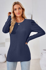 Round Neck Puff Sleeve Blouse - Flyclothing LLC