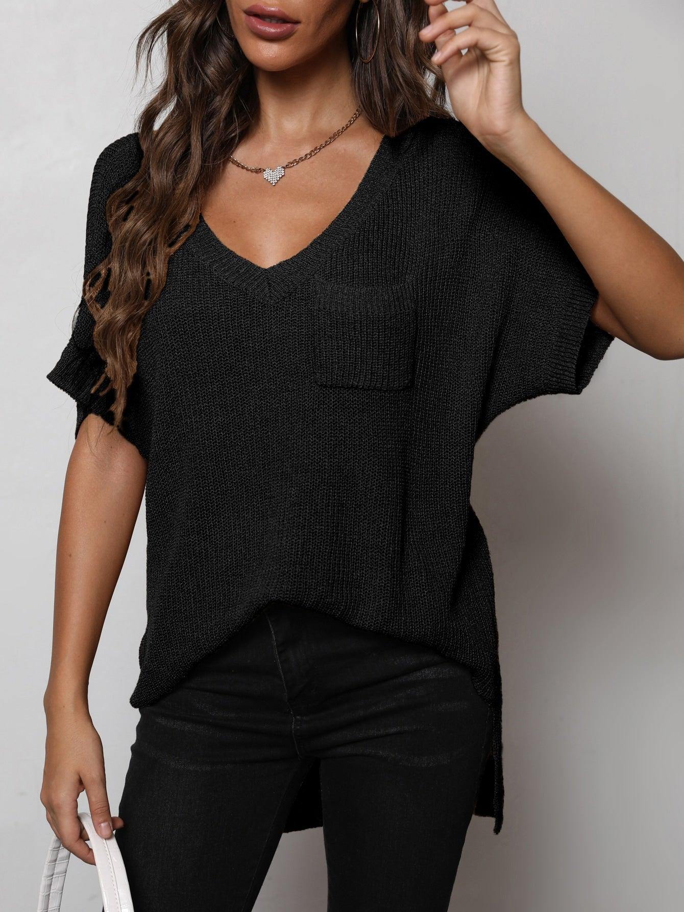 V-Neck Slit High-Low Knit Top - Flyclothing LLC