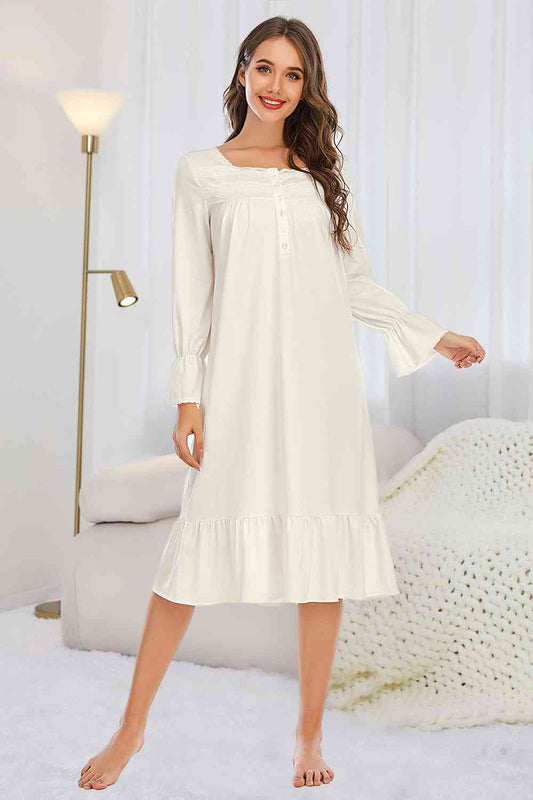 Flounce Sleeve Ruffle Hem Night Dress - Flyclothing LLC