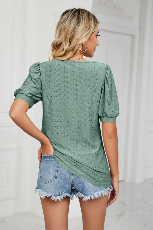 Eyelet Puff Sleeve Round Neck Top - Flyclothing LLC