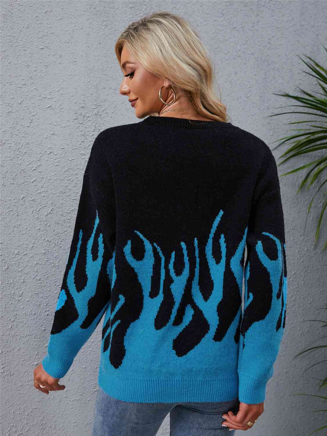 Printed Round Neck Long Sleeve Sweater - Flyclothing LLC