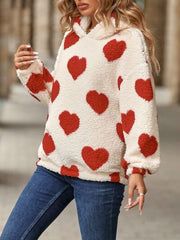 Fuzzy Heart Pocketed Dropped Shoulder Hoodie - Flyclothing LLC