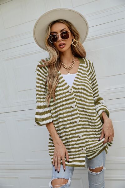 Striped Button Up Long Sleeve Cardigan - Flyclothing LLC