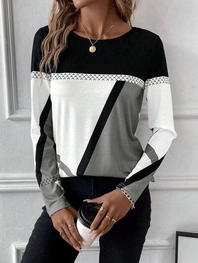 Contrast Round Neck Long Sleeve T-Shirt - Trendsi