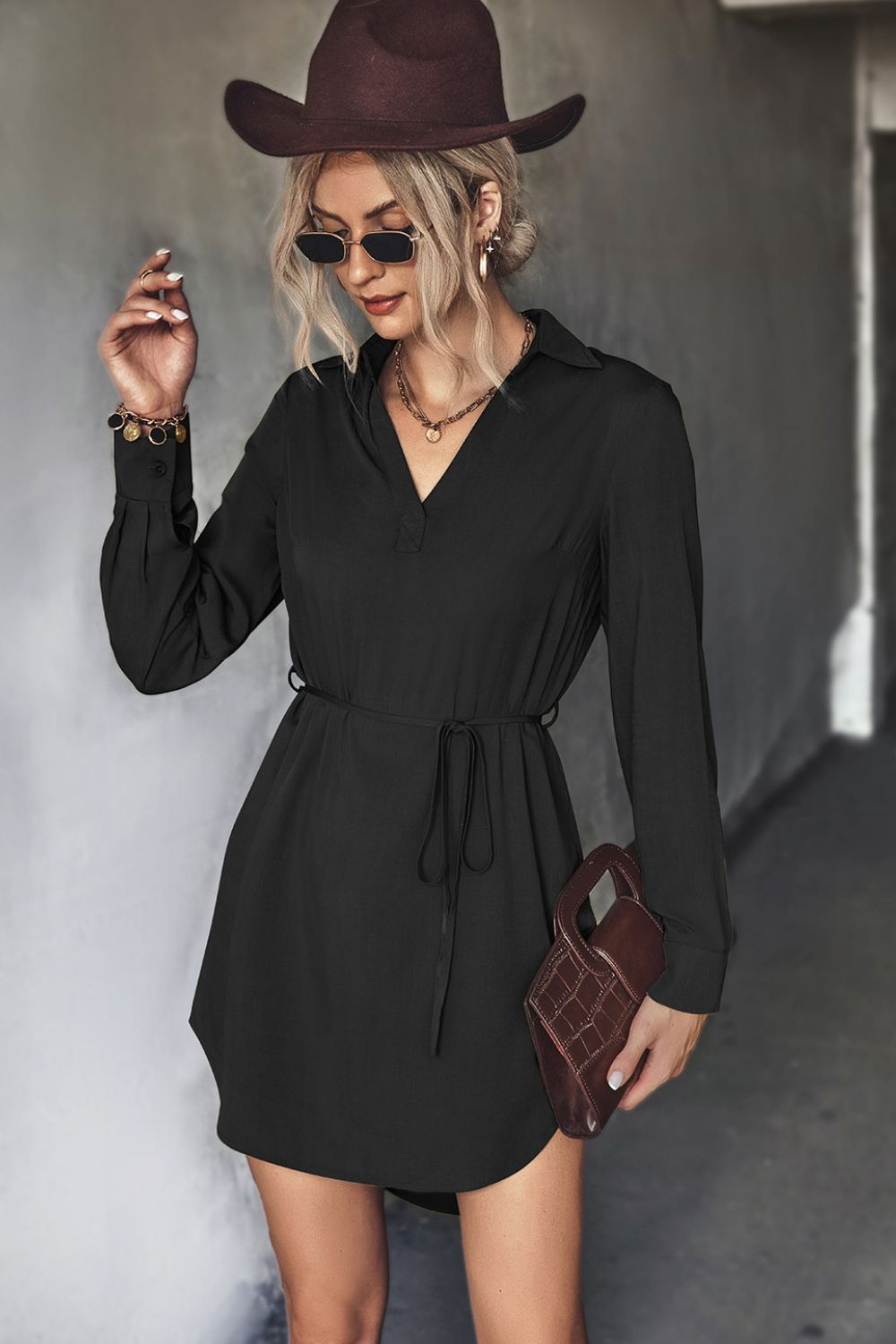 Belted Johnny Collar High-Low Shirt Dress - Flyclothing LLC