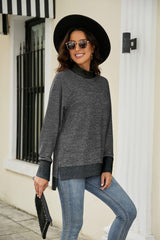 Heathered Slit High-Low Long Sleeve Top - Trendsi