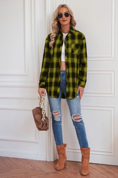 Plaid Button Up Dropped Shoulder Outerwear - Flyclothing LLC