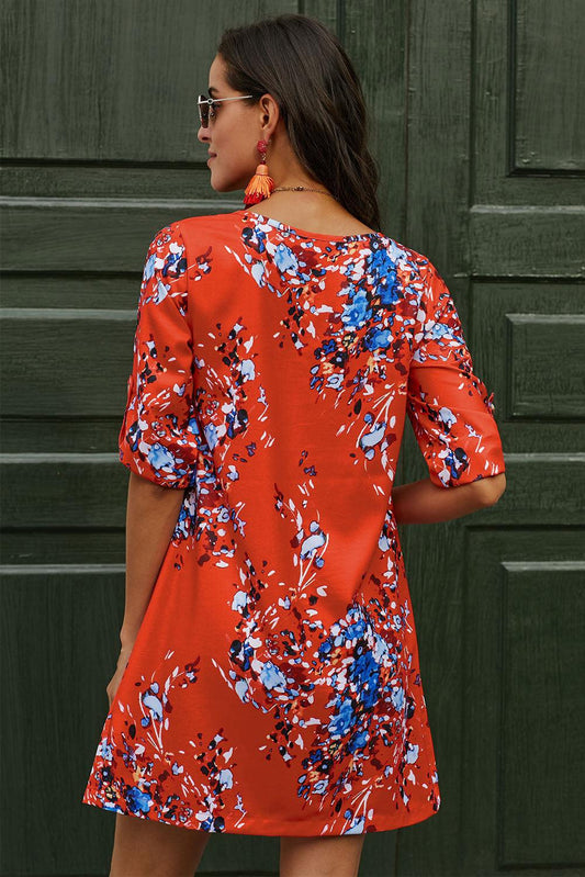 Printed Buttoned V-Neck Half Sleeve Dress - Flyclothing LLC