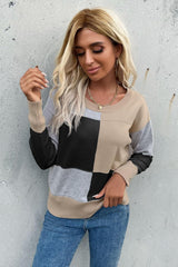 Color Block Ribbed Trim Round Neck Knit Pullover - Trendsi