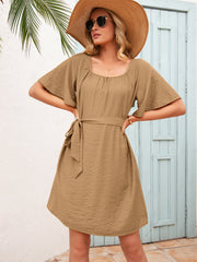 Tie Waist Flutter Sleeve Mini Dress - Flyclothing LLC