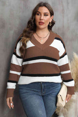 Plus Size Striped V-Neck Dropped Shoulder Sweater - Flyclothing LLC