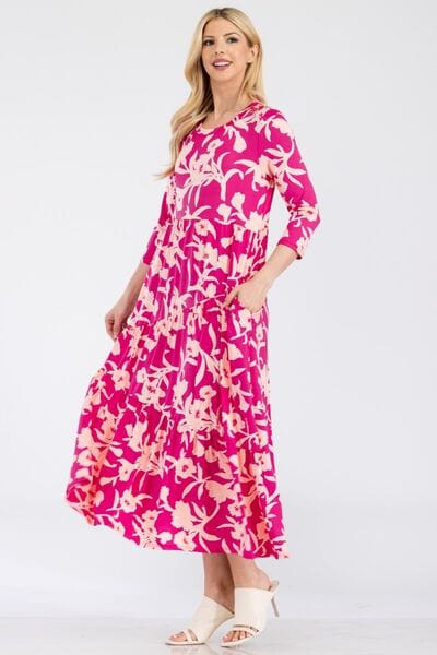 Celeste Full Size Floral Round Neck Ruffle Hem Dress - Trendsi