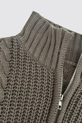 Cable-Knit Striped Quarter Zip Turtleneck Sweater - Trendsi