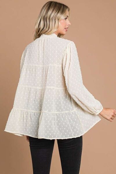 Culture Code Full Size Swiss Dot Smocked Mock Neck Blouse - Flyclothing LLC