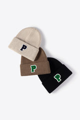 Letter Patch Cuffed Knit Beanie - Flyclothing LLC