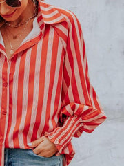 Striped Collared Neck Lantern Sleeve Shirt - Flyclothing LLC