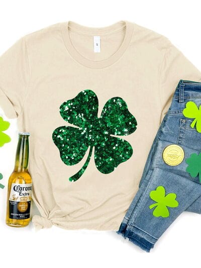 Lucky Clover Sequin Round Neck T-Shirt - Flyclothing LLC