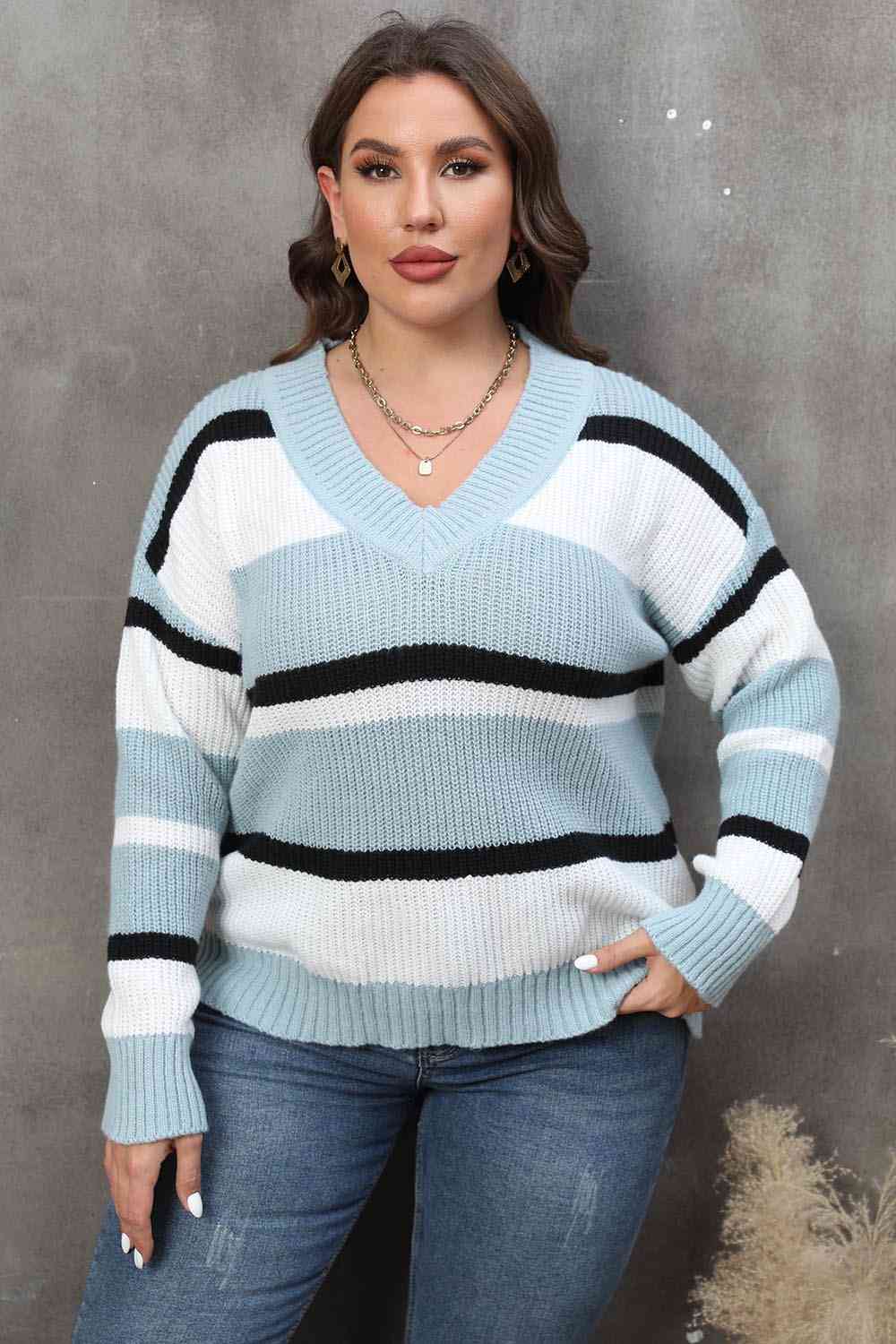 Plus Size Striped V-Neck Dropped Shoulder Sweater - Flyclothing LLC