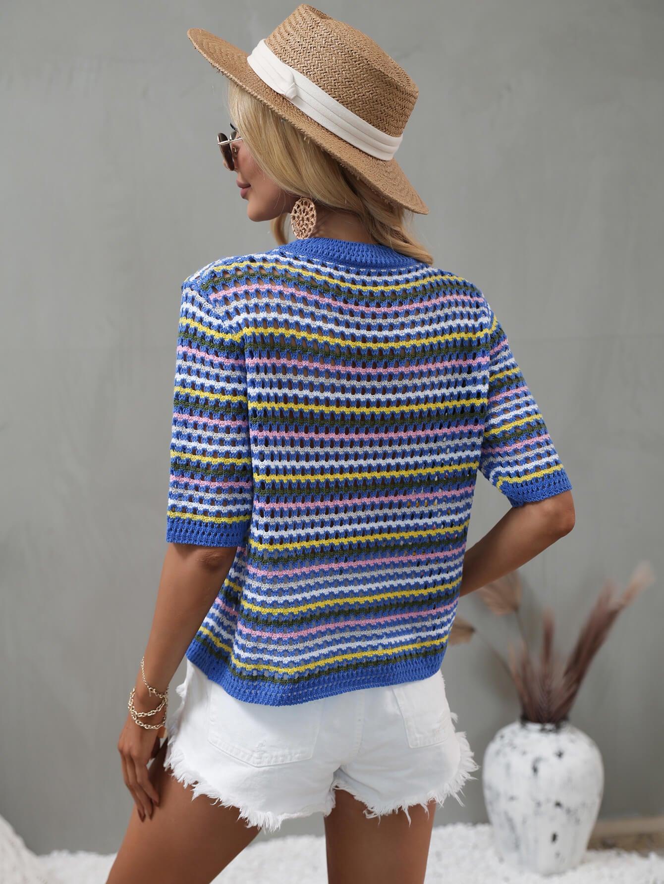 Striped Openwork Half Sleeve Knit Top - Flyclothing LLC