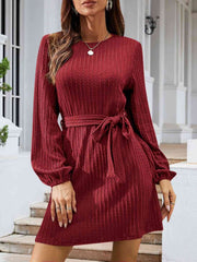 Round Neck Tie Front Long Sleeve Dress - Flyclothing LLC