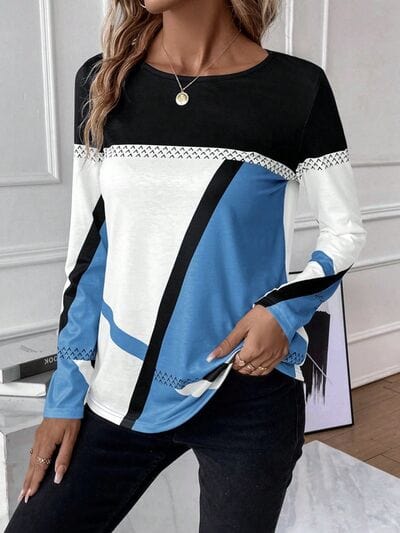 Contrast Round Neck Long Sleeve T-Shirt - Trendsi