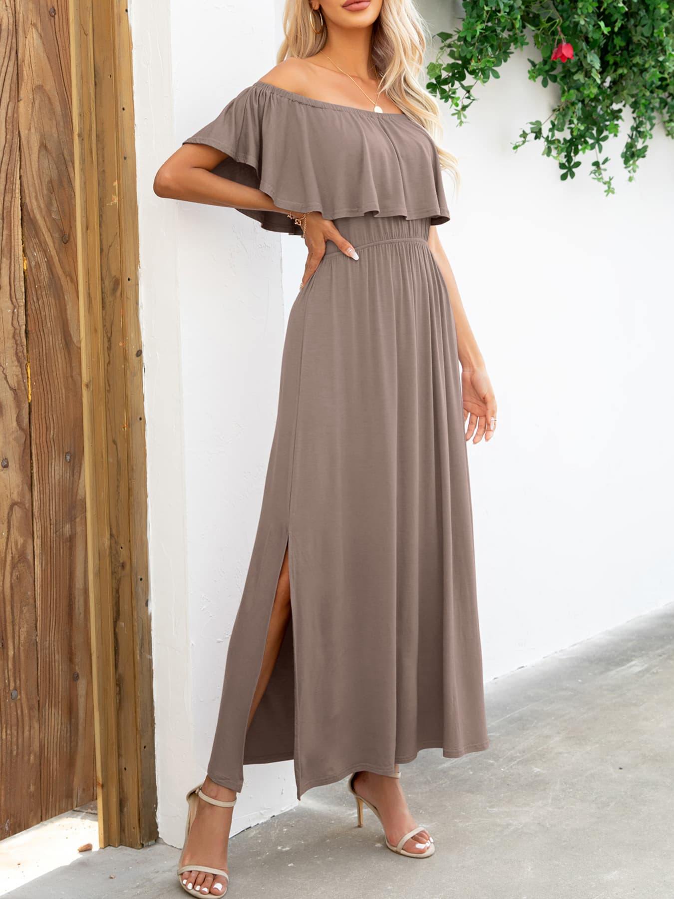 Off-Shoulder Slit Maxi Dress - Flyclothing LLC