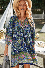 Bohemian Tie Neck Balloon Sleeve Dress - Flyclothing LLC